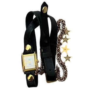La Mer Collections Double Wrap Wrist Watch Black Leather Strap w/Chain Stars